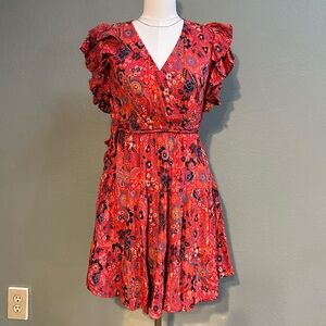 Angie Red Asymmetrical Wrap Sundress with Flutter Sleeves